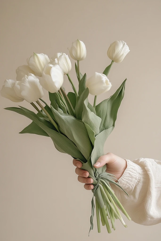 白色郁金香手捧绿纸包裹