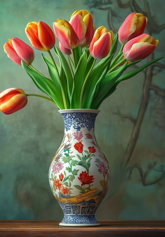 青花瓷花瓶与郁金香