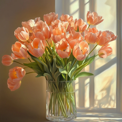 桃色荷兰郁金香窗边花瓶