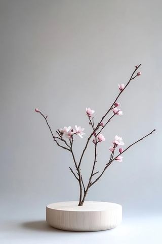 木圆盘花道摆设半灰背景