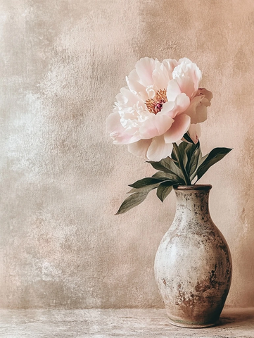 粉白牡丹旧花瓶静物画
