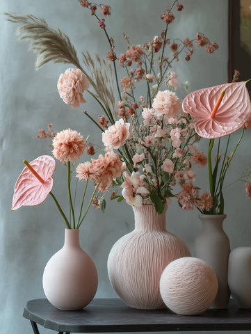 木桌花瓶与毛线球花艺