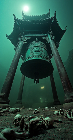 水下古建筑中的大钟与骷髅景象