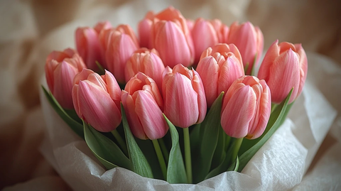 粉红郁金香花束白纸包裹