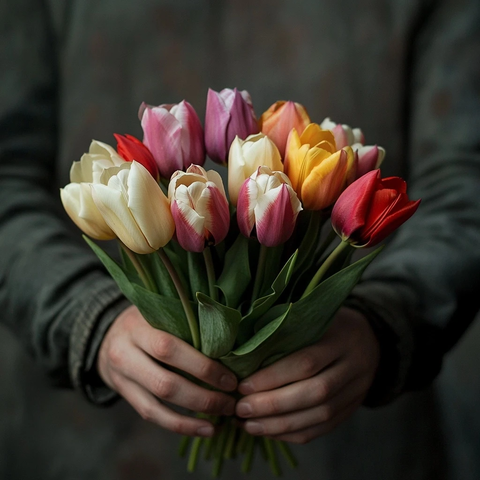 男士手持一束郁金香