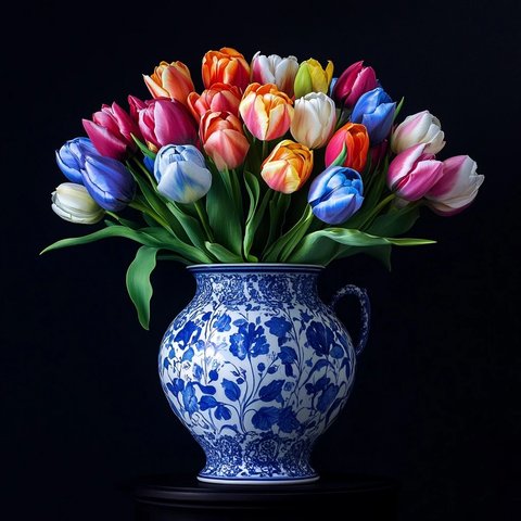 蓝色花瓶与彩虹色郁金香