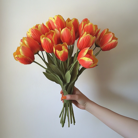 手捧红黄丹麦郁金香花束