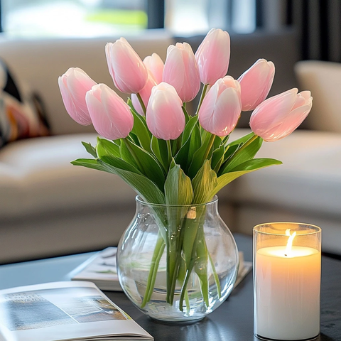 透明花瓶摆放假花杂志蜡烛
