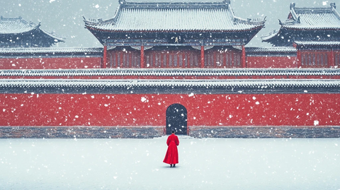 红袍人雪中独站于古建筑前