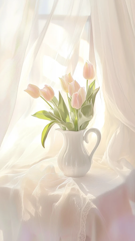 白瓷瓶粉红郁金香小桌