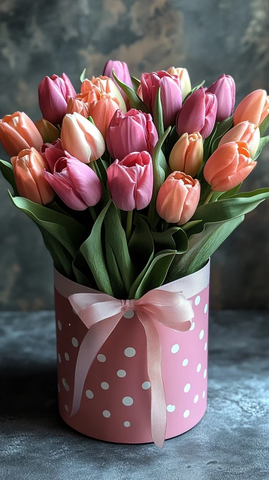 粉色礼盒装淡色郁金香花束