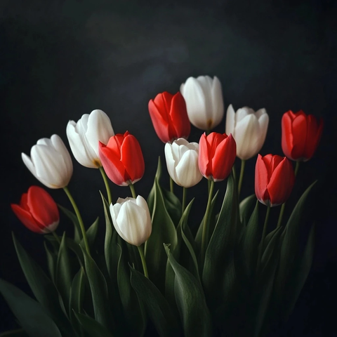 黑暗背景上的众多郁金香