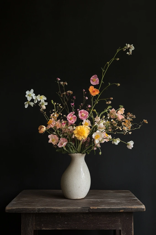 花瓶插花摆放在橡木桌上