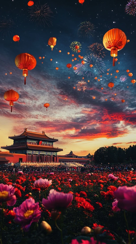 故宫前燃放烟花点亮大片牡丹花海
