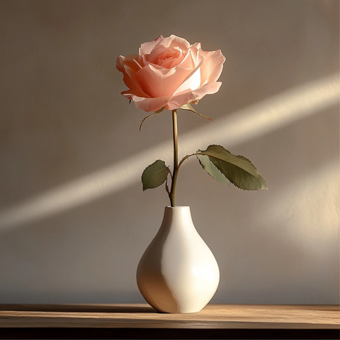 白色花瓶玫瑰木桌静景