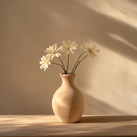 木桌上的陶罐与花朵