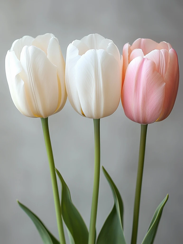 柔白淡粉三枝郁金香