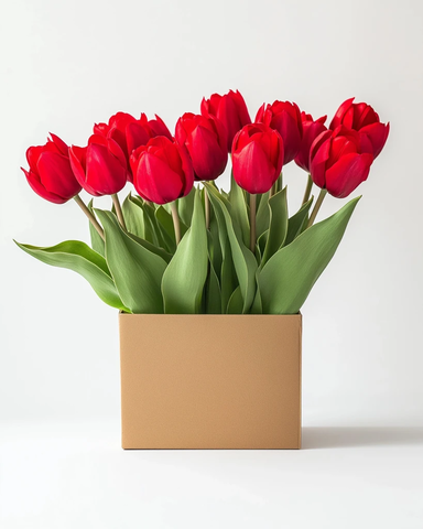 红色郁金香从方形纸箱生长