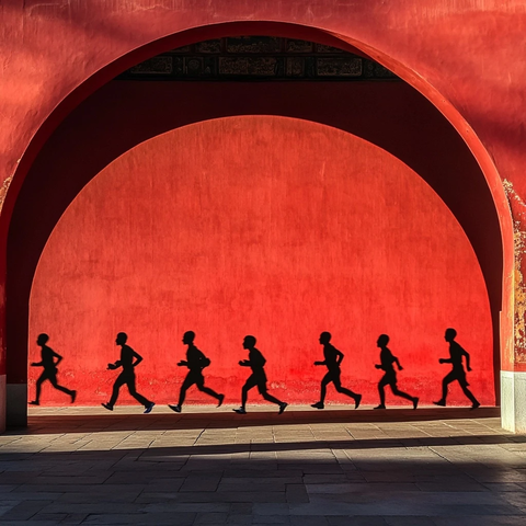 红墙下的跑步人群剪影