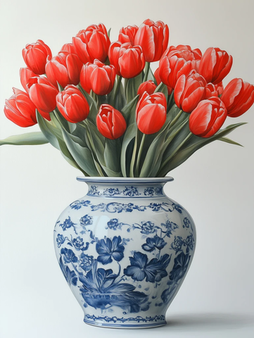 蓝白姜罐红水彩画