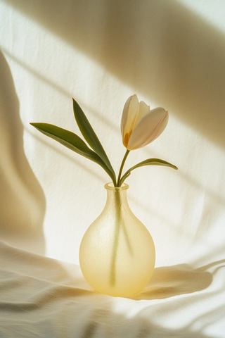 黄霜玻璃花瓶与长茎花朵