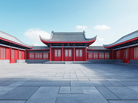 中式古典红墙建筑庭院全景