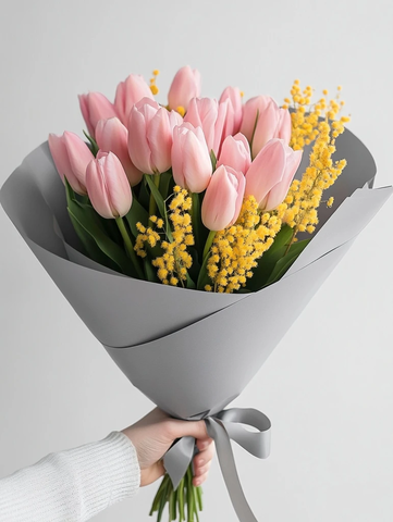 粉色郁金香与含羞草花束