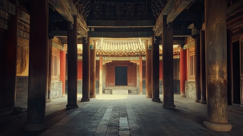 古建筑内景展示雕梁画柱尽显历史韵味