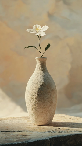 手工陶罐插花石桌摆放