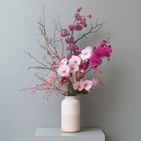 粉色梅花紫兰花插花