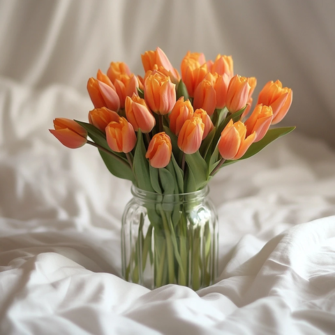 白色床单上的橙色郁金香