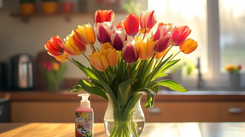 厨房中的郁金香插花与保鲜工具