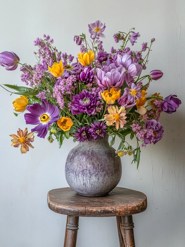 紫黄花卉与橡木凳墙前摆放