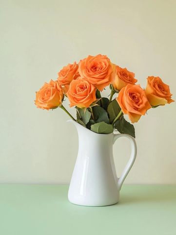 白色陶瓷花瓶插橙色玫瑰