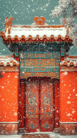 红墙彩饰古建筑雪景