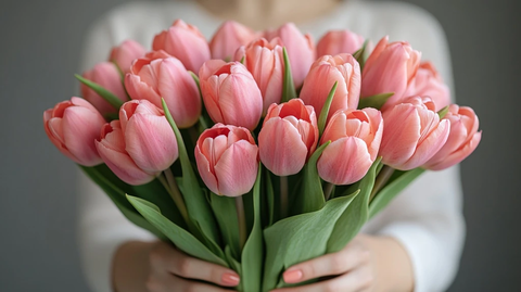 粉色郁金香花束女性手握