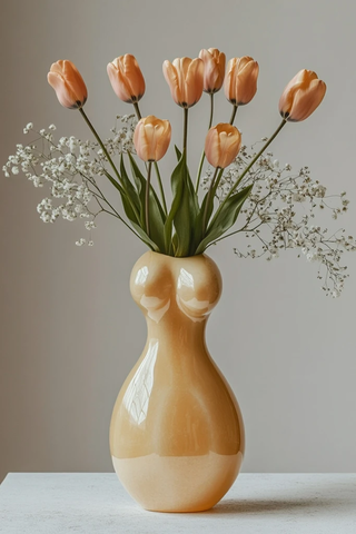 黄瓶女体花瓶与白桌插花