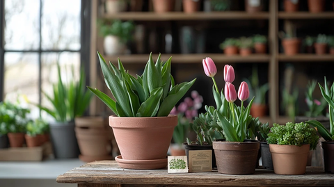 陶罐绿植与郁金香静物