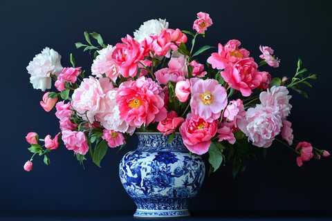 粉色花卉蓝釉花瓶静物画