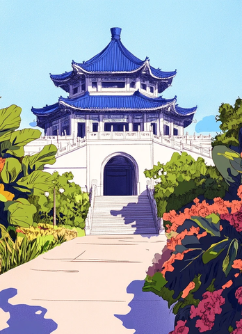 蓝顶古建筑搭配多彩植物的唯美景象