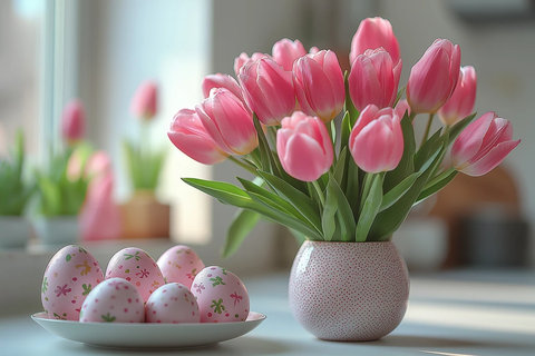 白色厨房中的复活节彩蛋和郁金香
