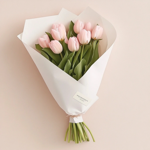 粉色郁金香白纸包装花束