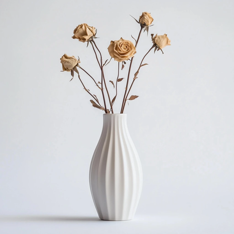 白色陶瓷花瓶与干玫瑰