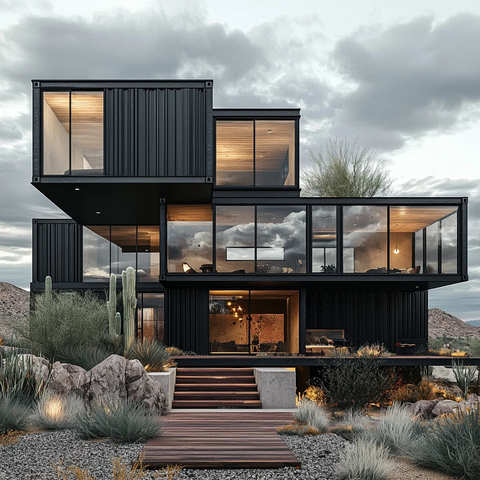 沙漠多层玻璃木质容器住宅