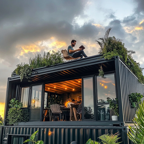 男子坐在集装箱屋顶读书