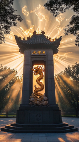 阳光照耀下的龙形雕塑纪念性建筑
