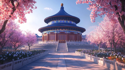 天坛建筑周围盛开着樱花的唯美景象