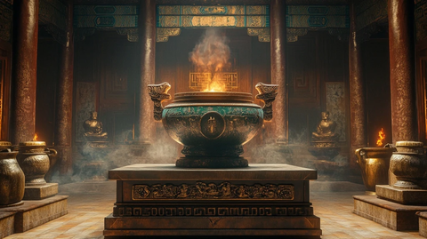 古旧建筑内铜鼎炉中火焰燃烧的场景