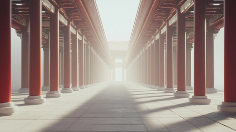 古建筑红柱走廊的深远透视景象