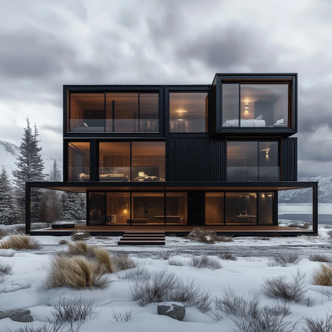 多层玻璃木纹黑色住宅